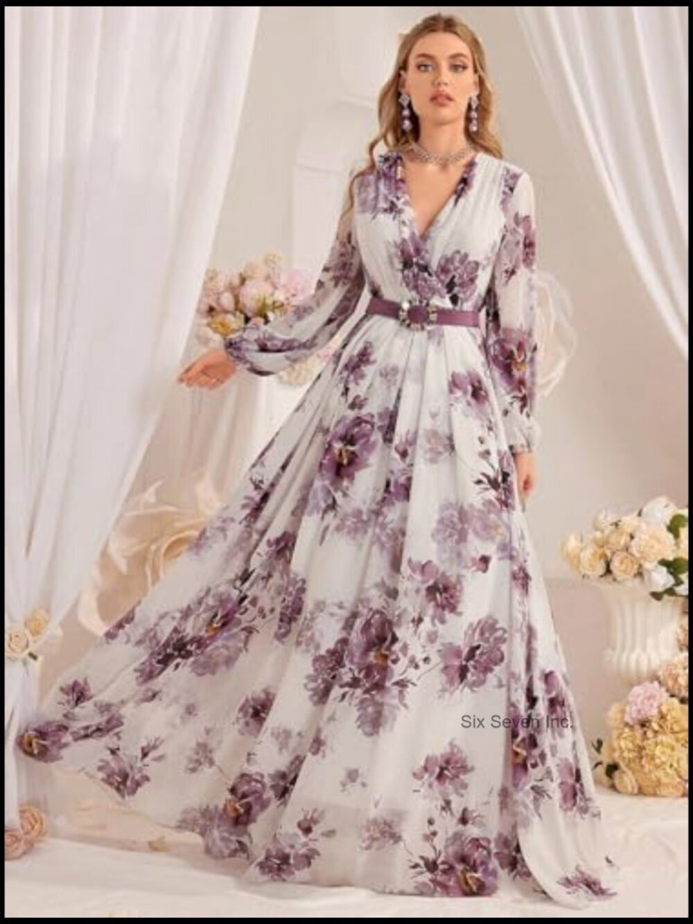 Polyester Maxi Dress Long Sleeve Floral Vintage Boho Casual - Picture 5 of 6